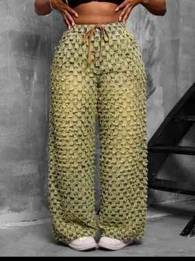 New! SHEIN Tan & Blue Frayed Textured Wide Leg Drawstring Waist Jeans 2X NWOT